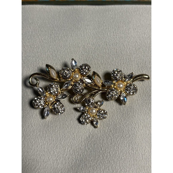 Anne Klein Jewelry - Vintage Anne Klein Stamped Gold Tone Floral Brooch with Rhinestones & Faux Pearl
